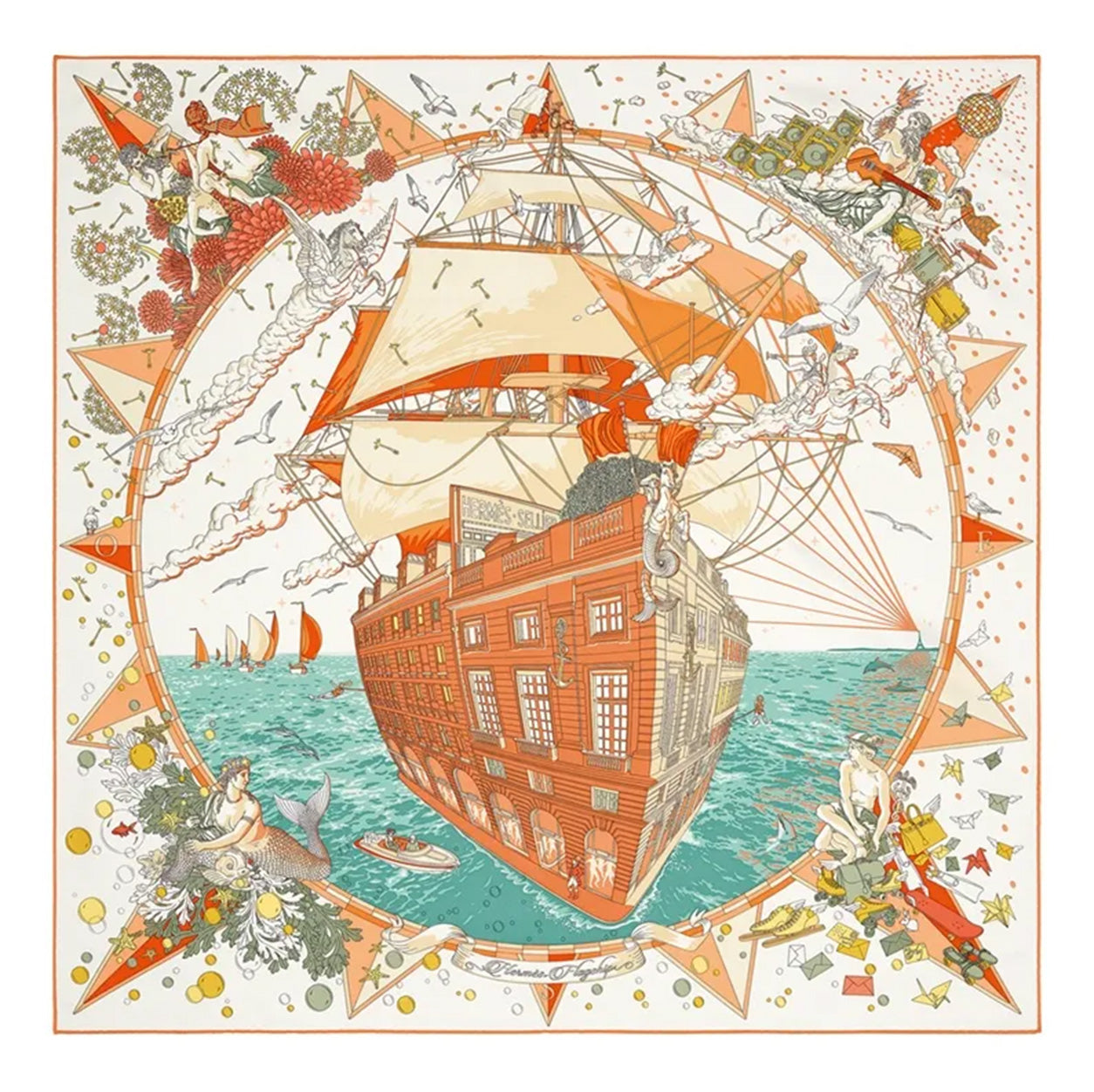 Hermès Scarf Flagship. Crème, Orange, Vert Argile