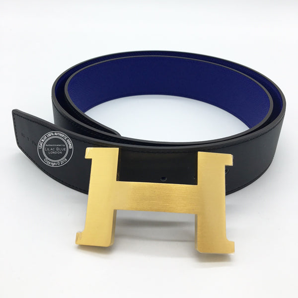 Hermès H Belt in Bleu Electrique & Black. Epsom, Gold