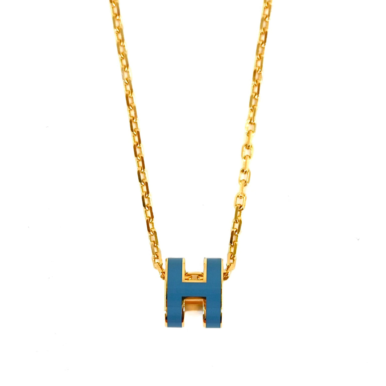 Hermes Mini Pop H Necklace. Bleu Sature/Gold