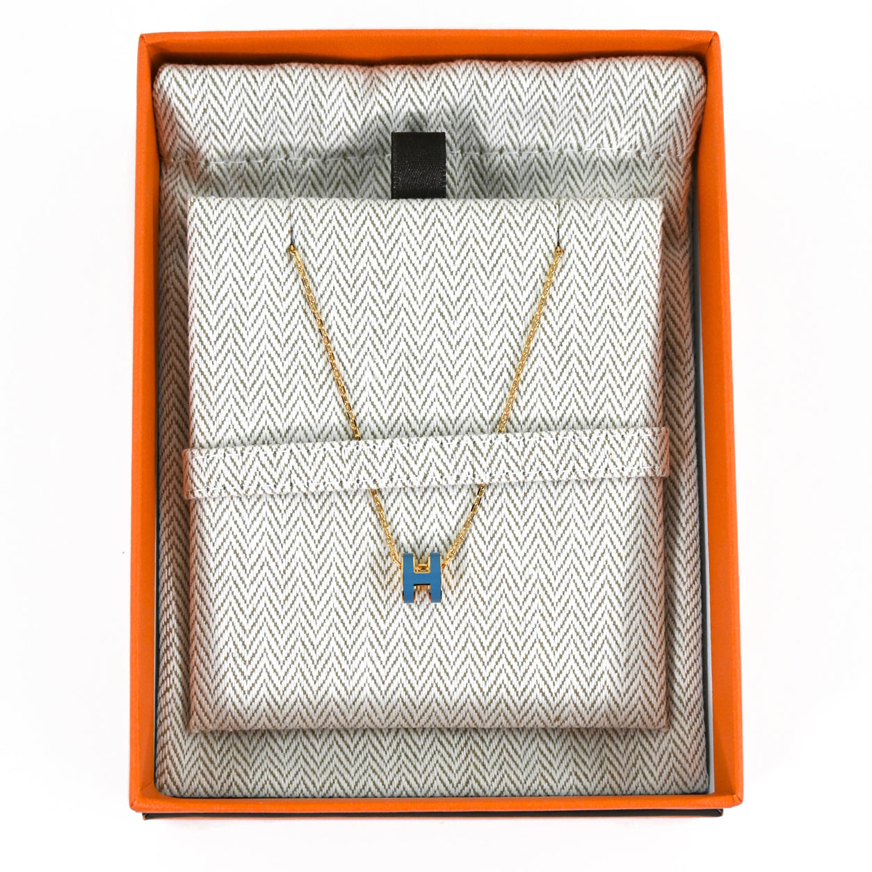 Hermes Mini Pop H Necklace. Bleu Sature/Gold