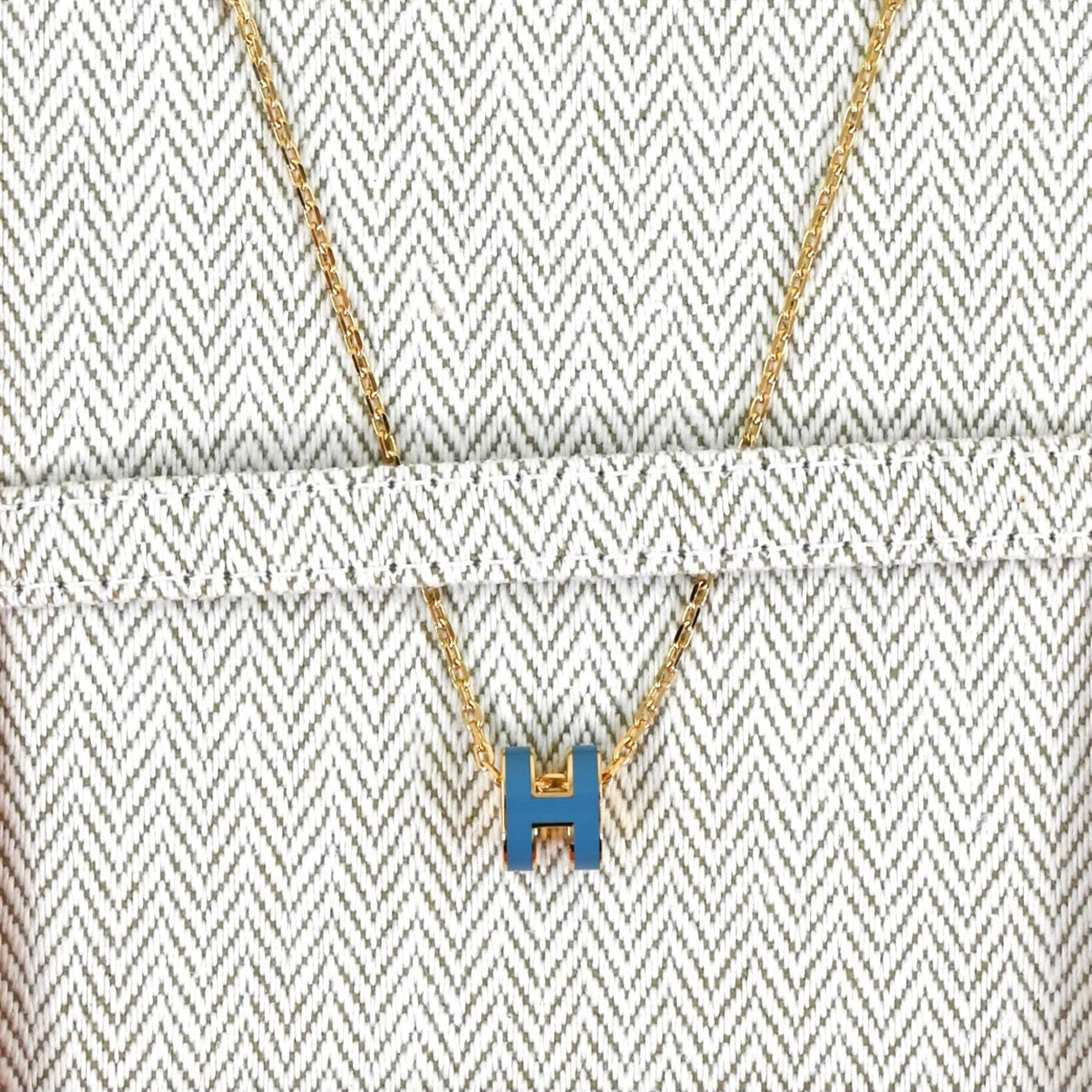 Hermes Mini Pop H Necklace. Bleu Sature/Gold