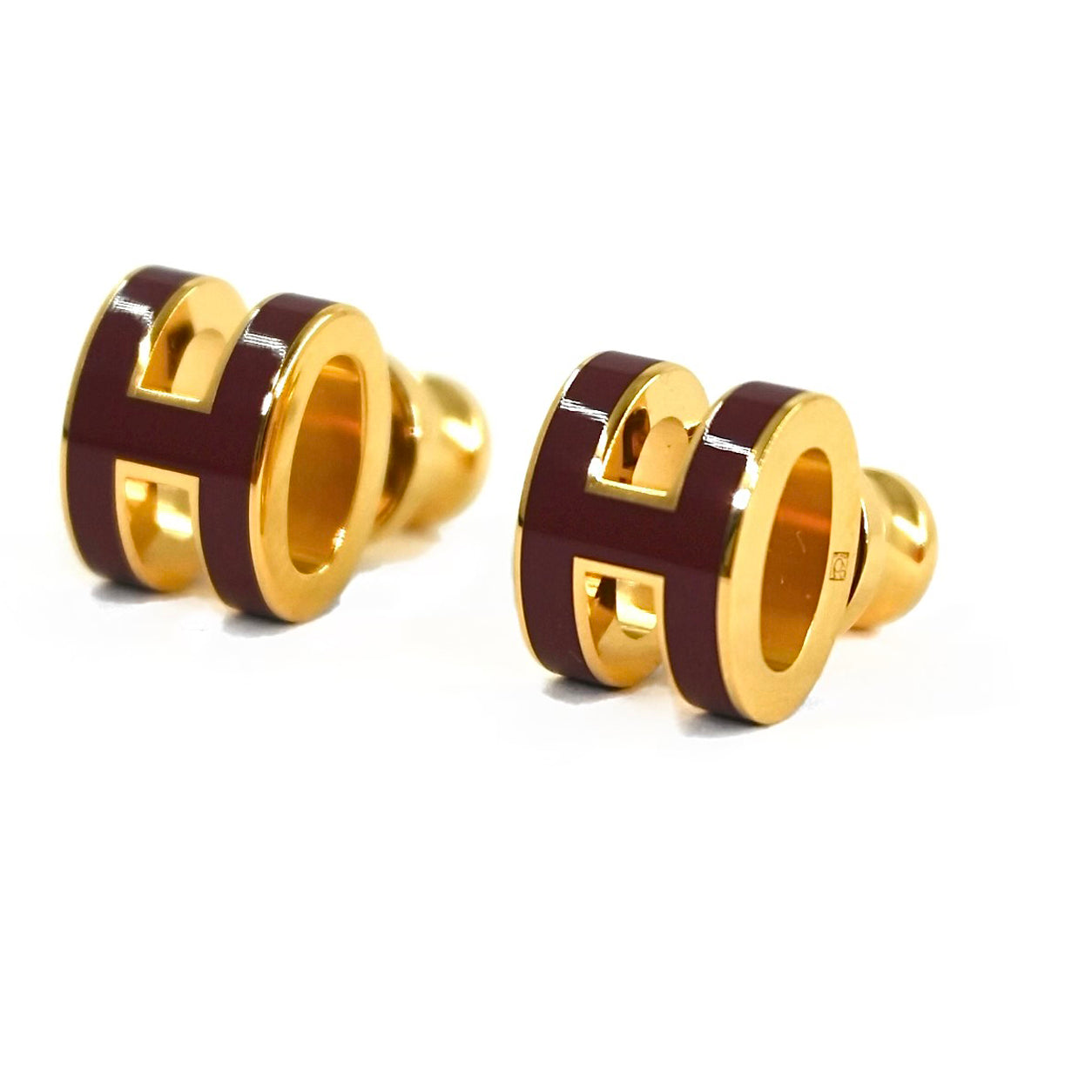 Hermes Mini Pop H Earrings. Bordeaux/Gold