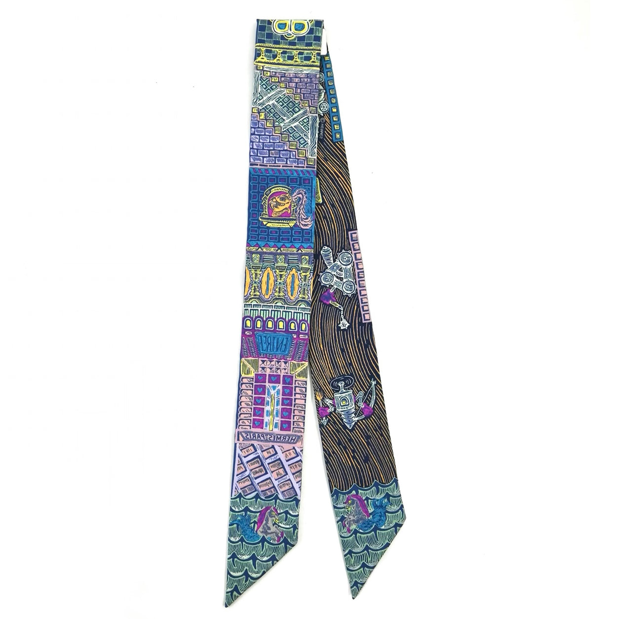 Hermès Twilly Super Silk Quest. Bleu Cobalt, Rose, Jaune