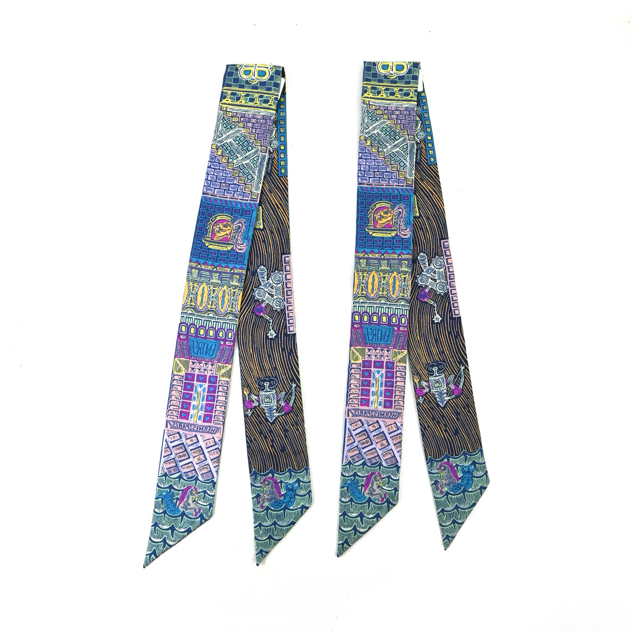 Hermès Twilly Super Silk Quest. Bleu Cobalt, Rose, Jaune