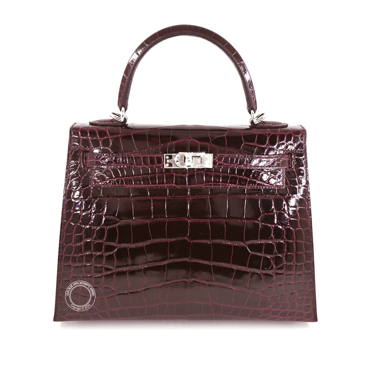 Hermès Kelly 25cm Bordeaux Shiny Porosus PHW