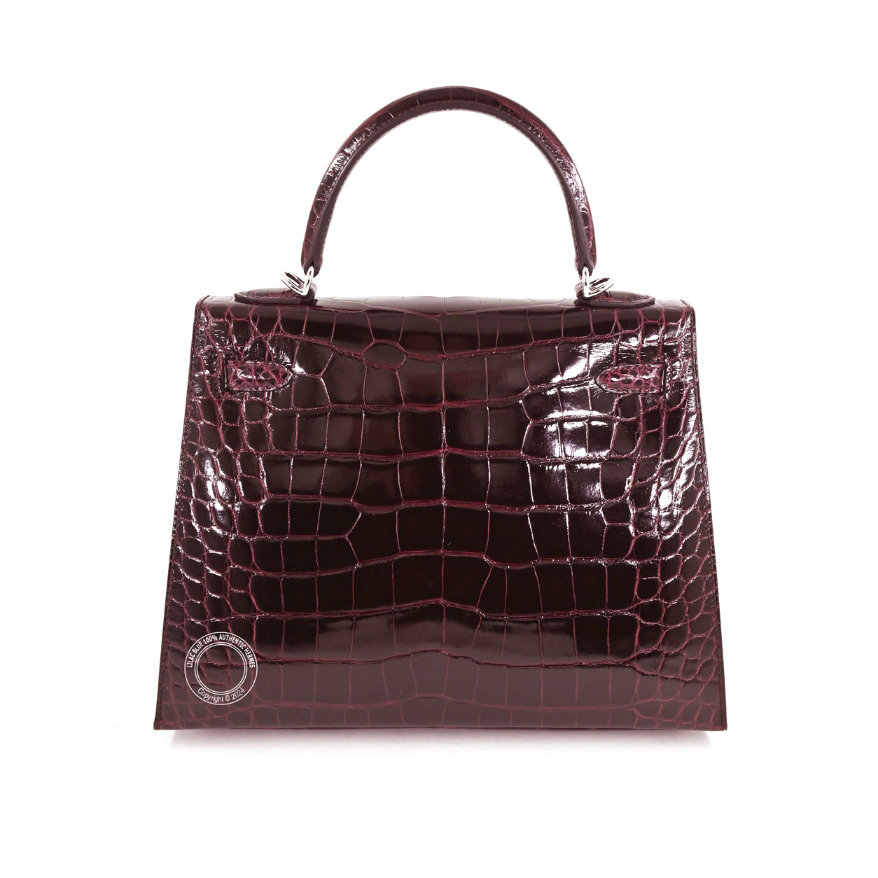Hermès Kelly 25cm Bordeaux Shiny Porosus PHW