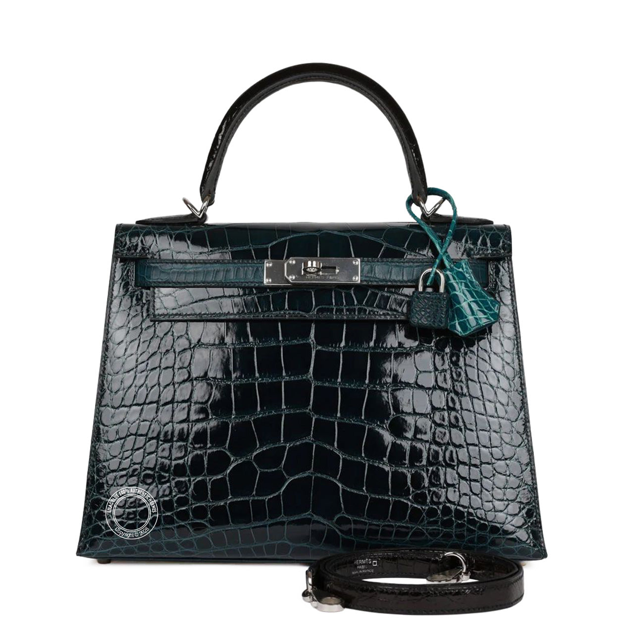 Hermès Kelly 28cm Black/Vert Bosphore/Vert Rousseau Shiny & Matte Croc PHW