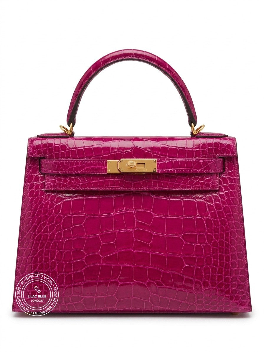 Hermès Kelly 28cm Rose Pourpre Shiny Croc GHW