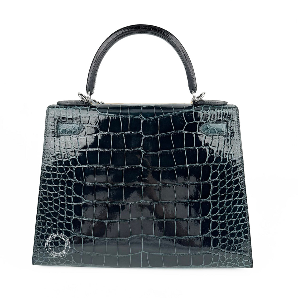 Hermès Kelly 28cm Black/Vert Bosphore/Vert Rousseau Shiny & Matte Croc PHW