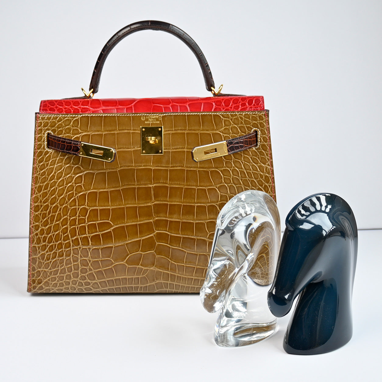 Hermès Kelly 32cm Paille/Rouge Braise/Ebene HSS Matte Alligator GHW - Preloved