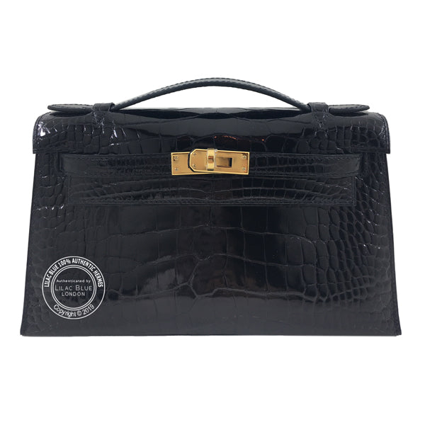 Hermès Kelly 22cm Black Mini Pochette Shiny Alligator GHW