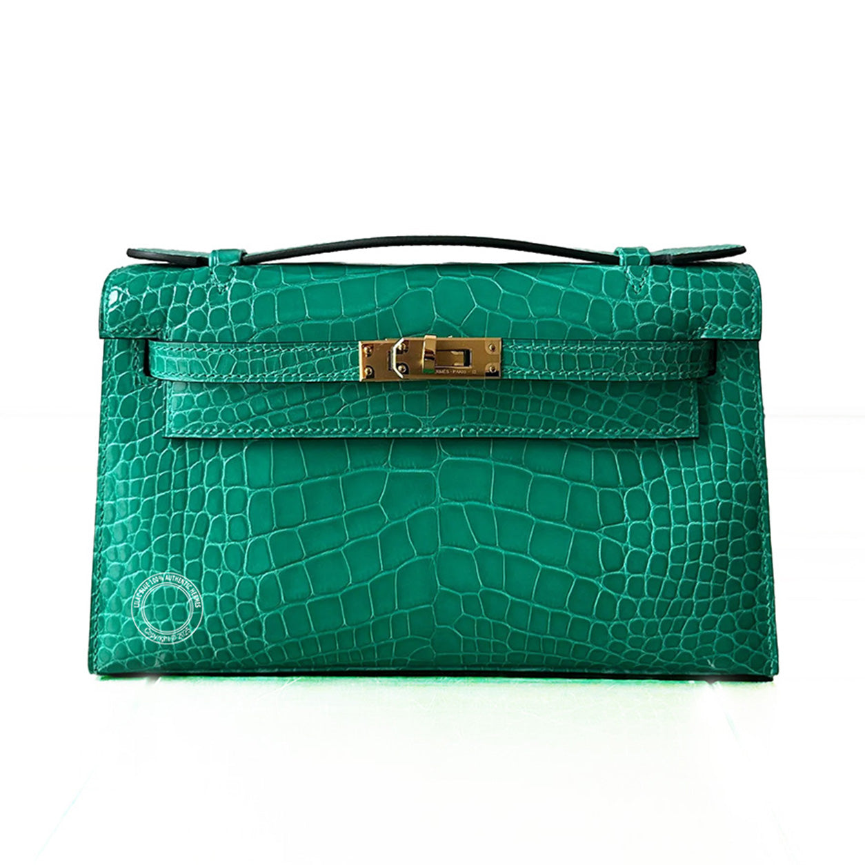 Hermès Kelly 22cm Vert Jade Pochette Shiny Alligator GHW