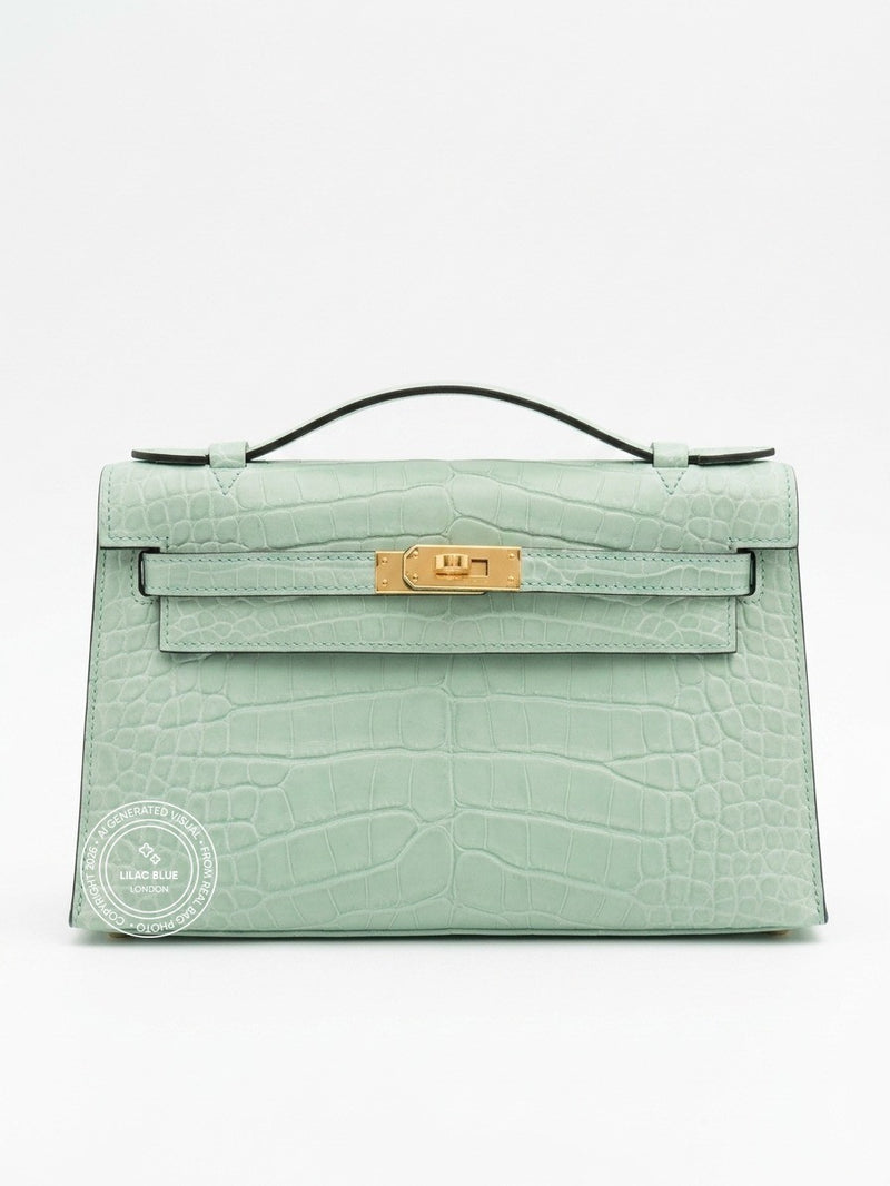 Hermès Kelly Pochette 22cm Vert D Eau Matte Croc GHW