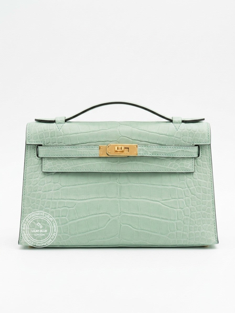 Hermès Kelly Pochette 22cm Vert D Eau Matte Croc GHW