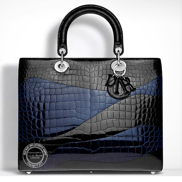 32cm Black/Blue Lady Dior. Shiny Croc, Palladium