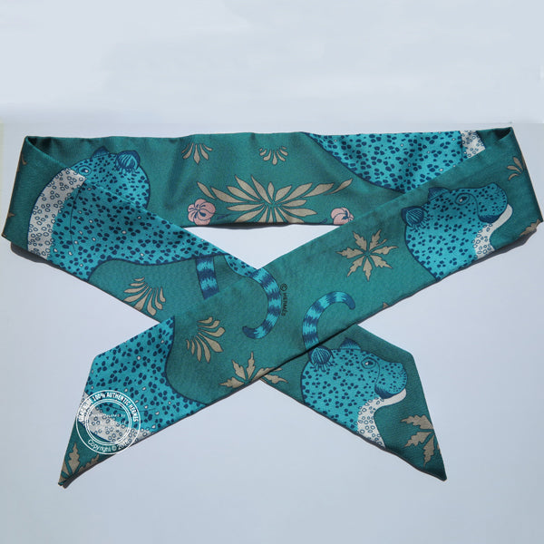 Hermès Twilly Les Leopards. Canard, Turquoise & Beige (2 pieces)