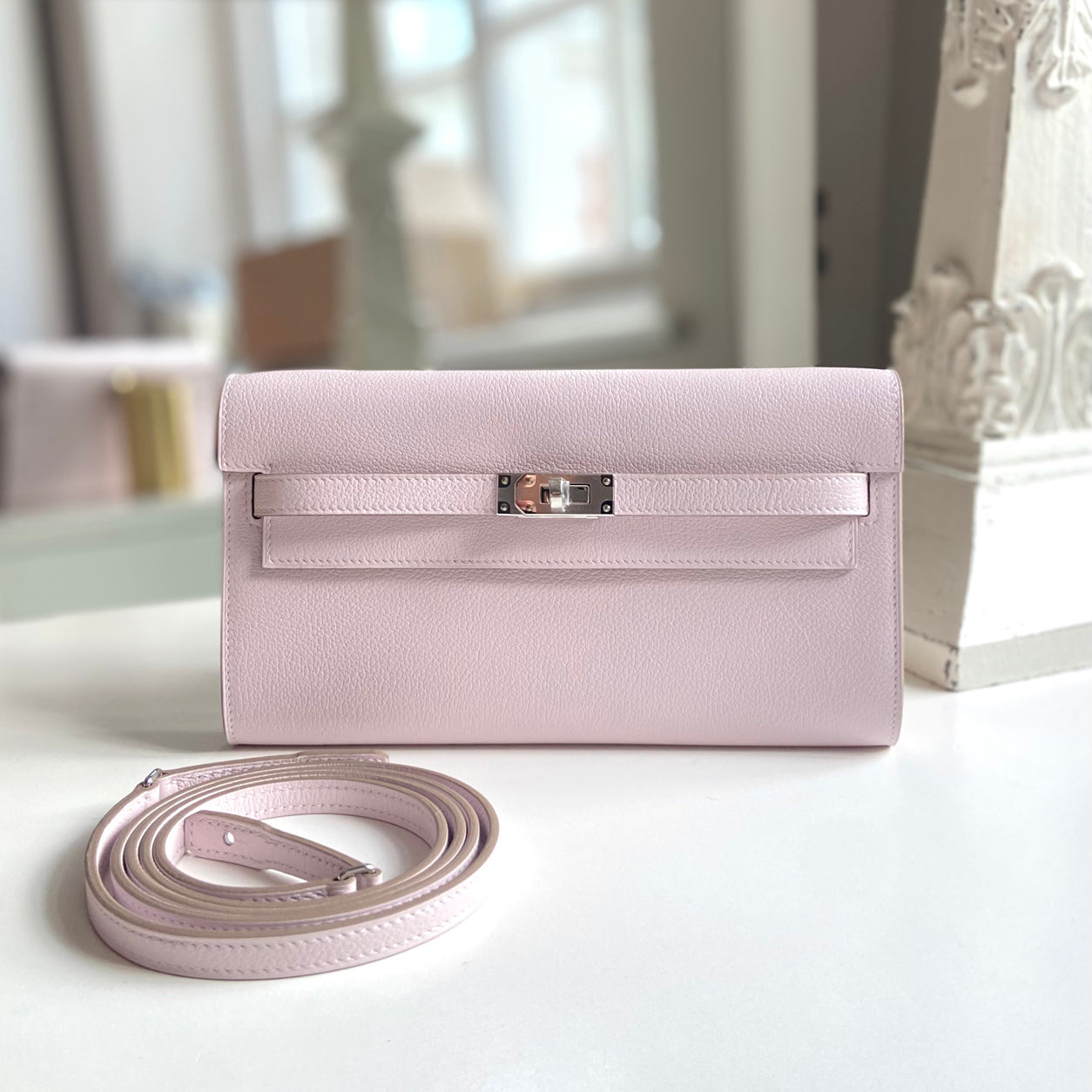 Hermès Kelly 20cm Wallet to Go Mauve Pale Evercolor PHW