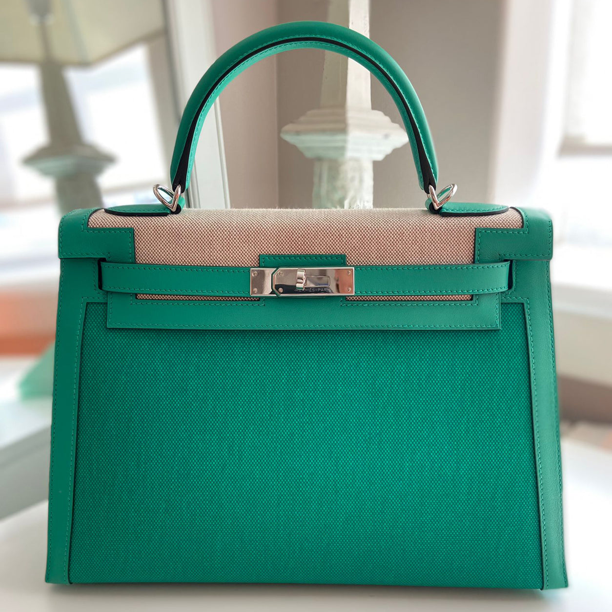 Hermès Kelly 32cm Menthe Canvas/Swift PHW