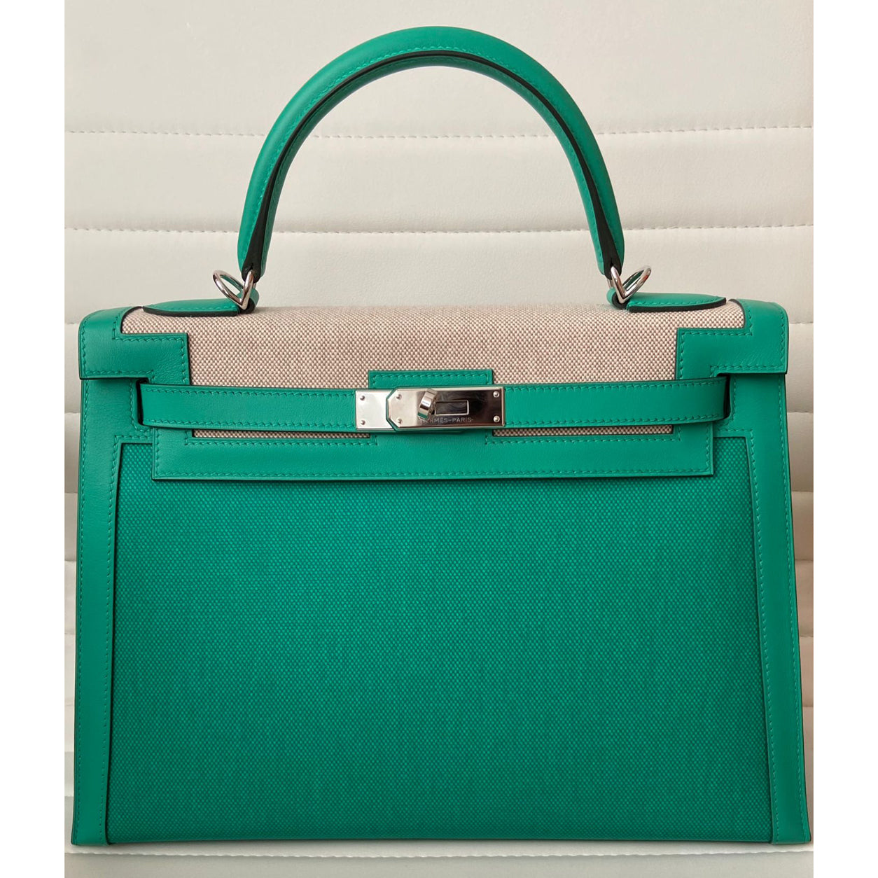 Hermès Kelly 32cm Menthe Canvas/Swift PHW