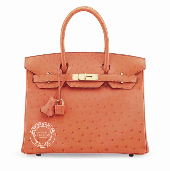 30cm Tangerine Birkin. Ostrich, Gold