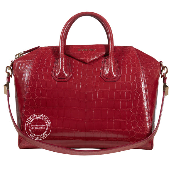 Givenchy Red Antigona Tote. Crocodile, Gold - Preloved