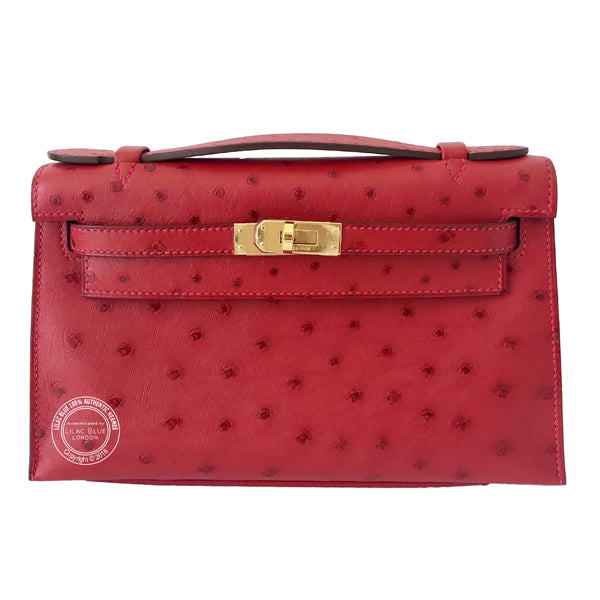 Hermès Kelly 22cm Rouge Vif Mini Pochette Ostrich GHW