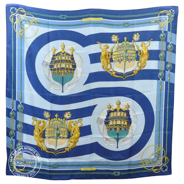 Hermès Scarf Chateaux d'Arriere. Blue, Grey, Gold - Preloved