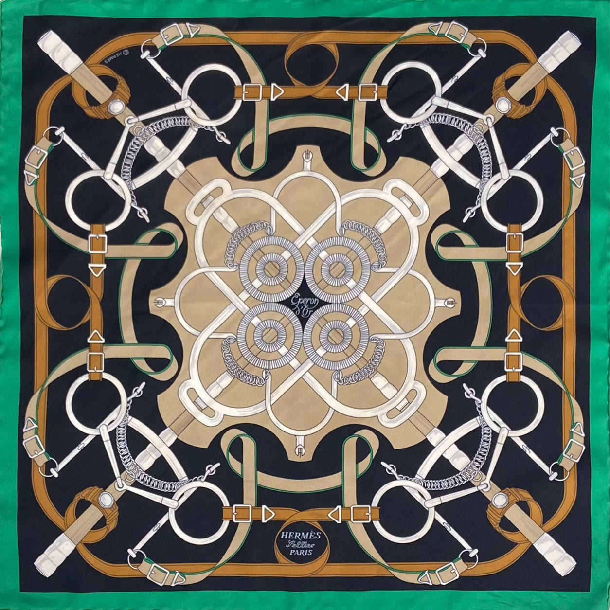 Hermès Scarf Eperon d'Or. Vert Emeraude, Noir (Preloved)