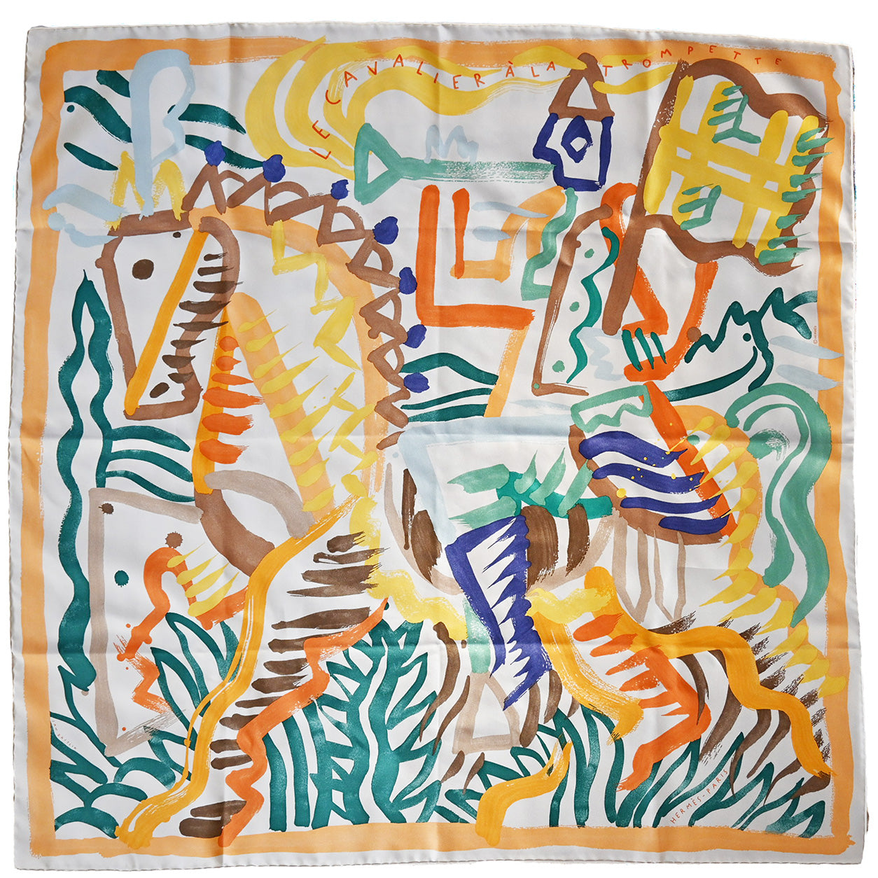 Hermès Scarf Le Cavalier a la Trompette. Ivoire, Jaune, Vert