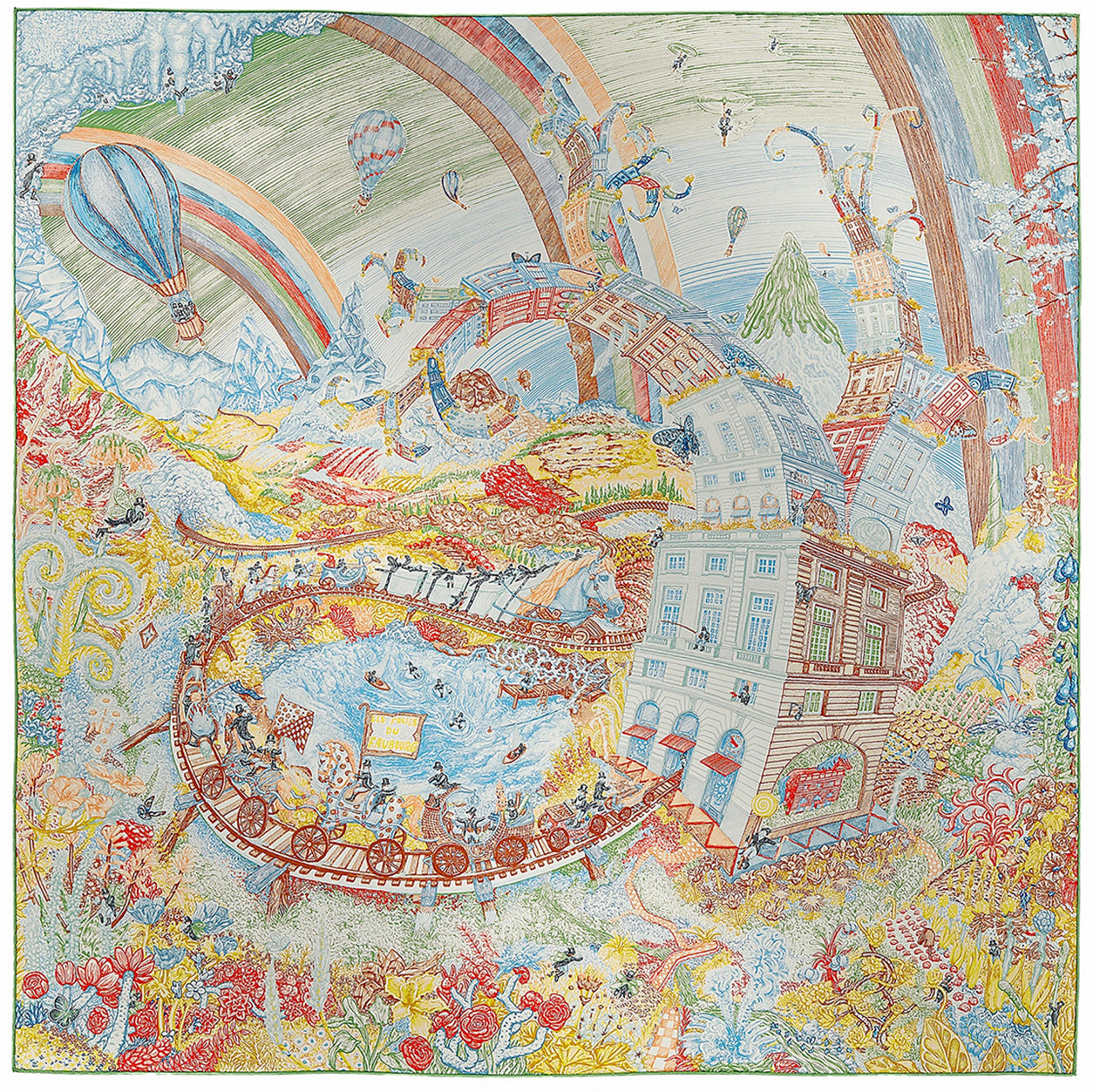 Hermès Scarf Les Folies du Faubourg. Jaune Vif/Rouge/Marron