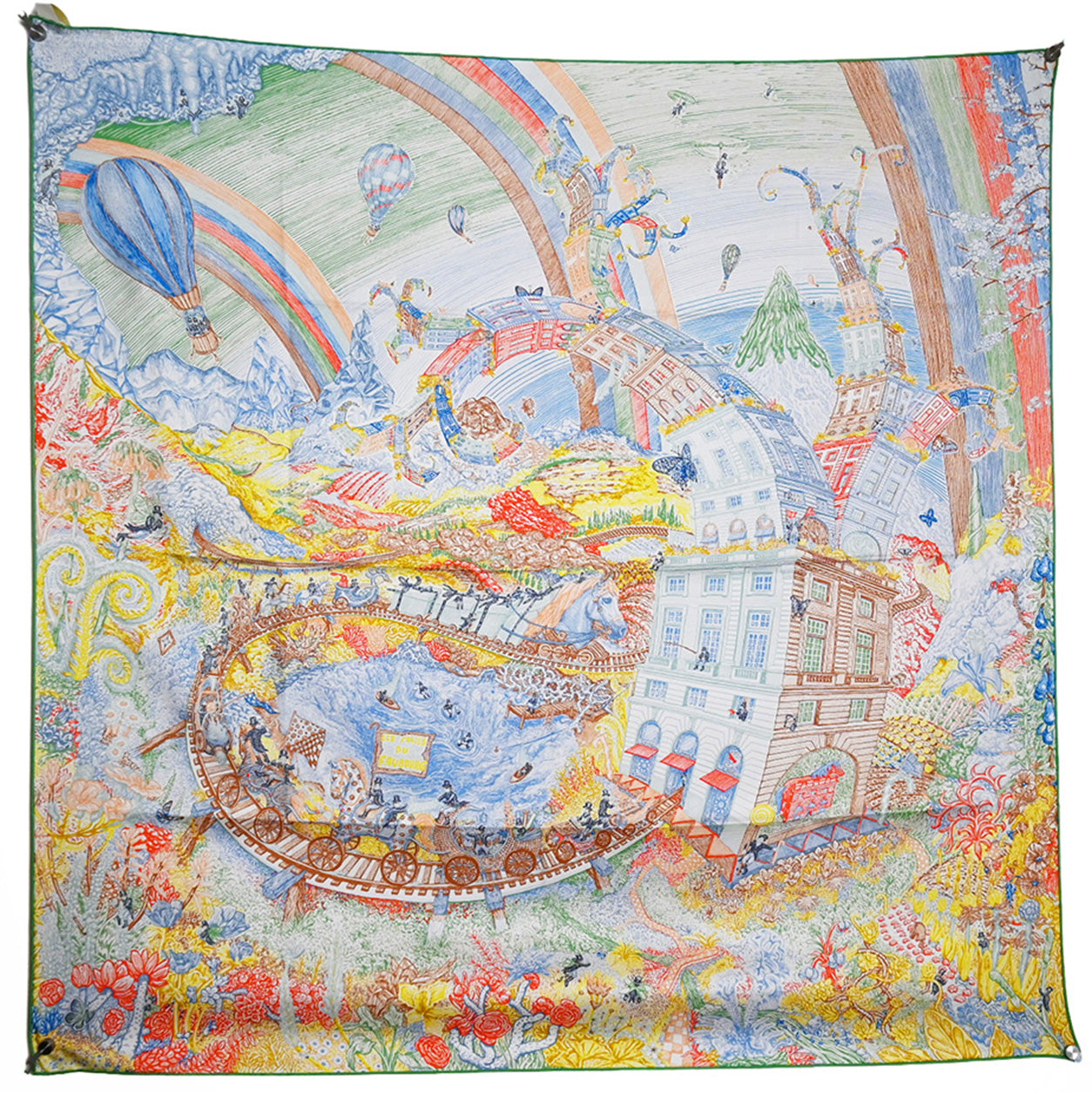 Hermès Scarf Les Folies du Faubourg. Jaune Vif/Rouge/Marron