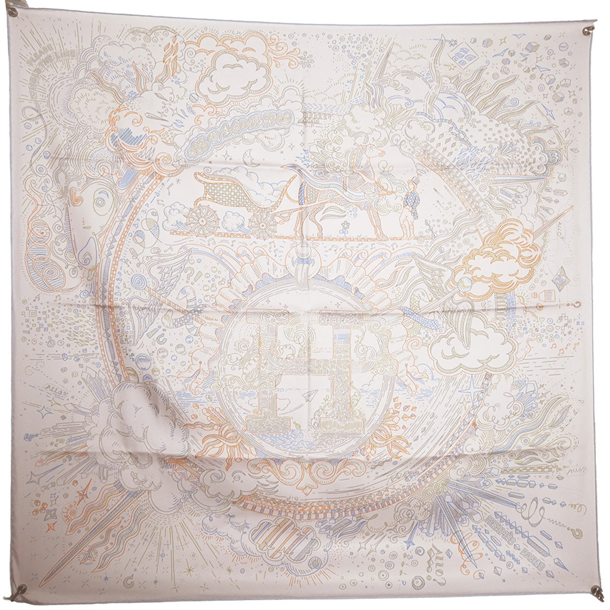 Hermès Scarf Please Hold The Line. Rose Pale/Bleu Ciel/Orange